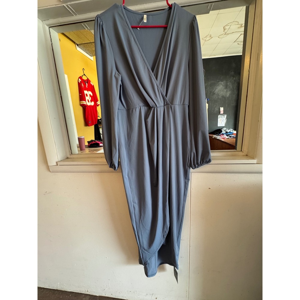 Halara Slate Blue Long Sleeve Wrap V-Neck Tulip Hem Midi Dress Large NEW